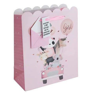 Baby Pink Panda Car White Kraft Gift Bag - Medium / Ex-Large