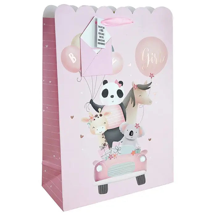 Baby Pink Panda Car White Kraft Gift Bag - Medium / Ex-Large