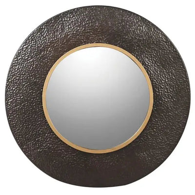 Brown Round Iron Textural Wall Mirror 80cm - Homeware