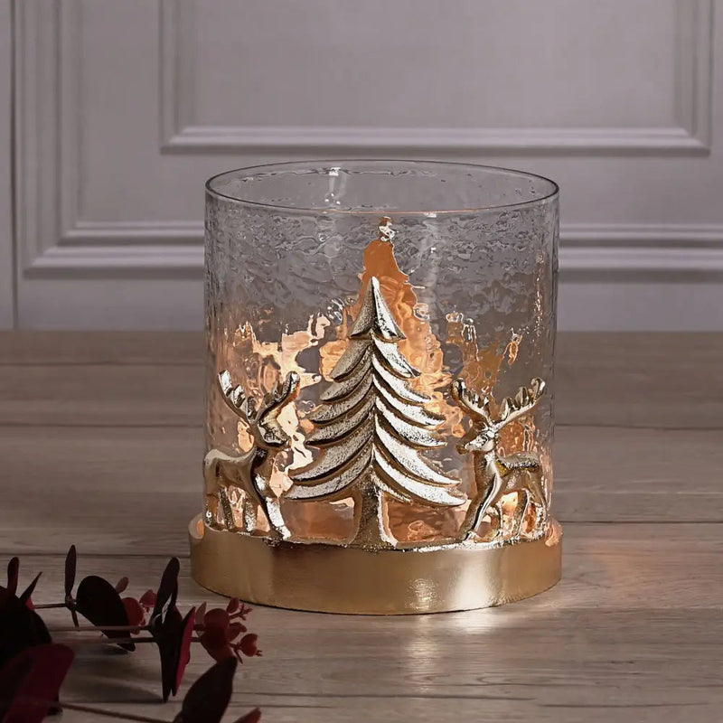 Gold Deer Hurricane Lantern Candle Holder - Seasonal &