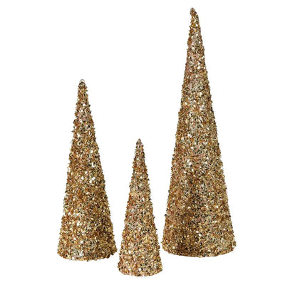 Set of 3 Gold Sequin Cone Topiary Trees - Seasonal & Holiday