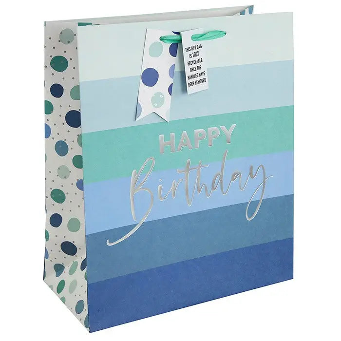 White Kraft Blue Birthday Stripe Gift Bag- Assorted - Medium