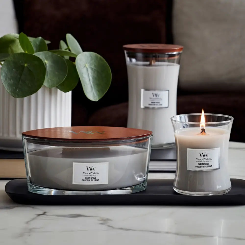 Woodwick Warm Wool Candle - Assorted Sizes - Stewart and Gibson Ltd