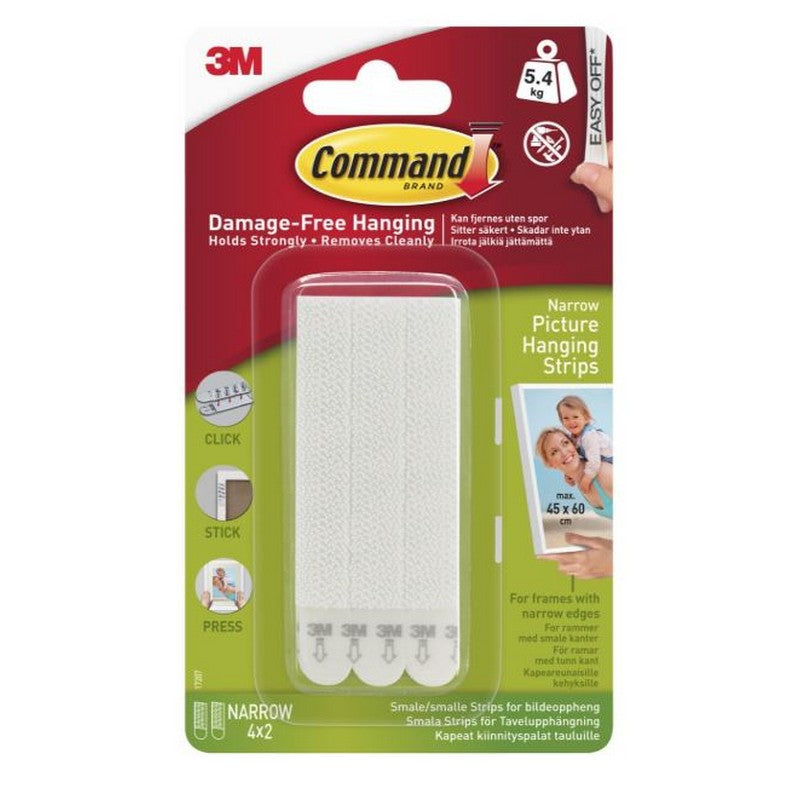 Command Narrow Picture Hanging Strips - White 4 Pairs Max 45x60cm / 5KG