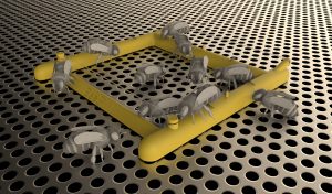 Mockup of bees using bee gym as varroa grooming aid