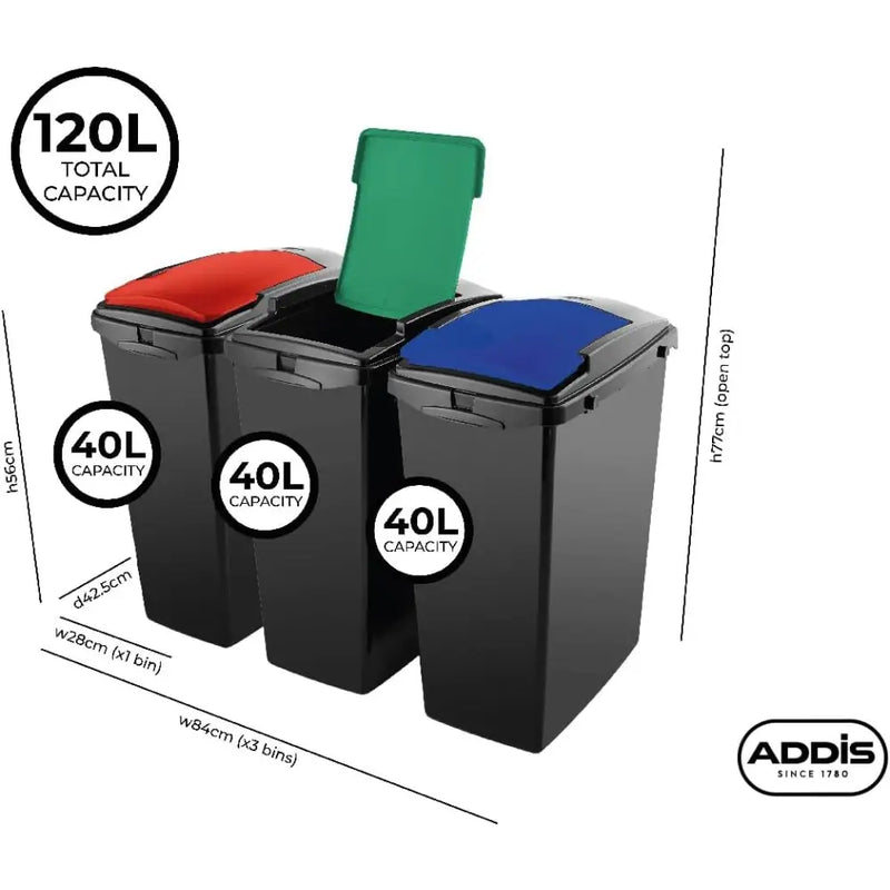 Addis 3 Piece Recycling Utility Bin Set Red/Green/Blue