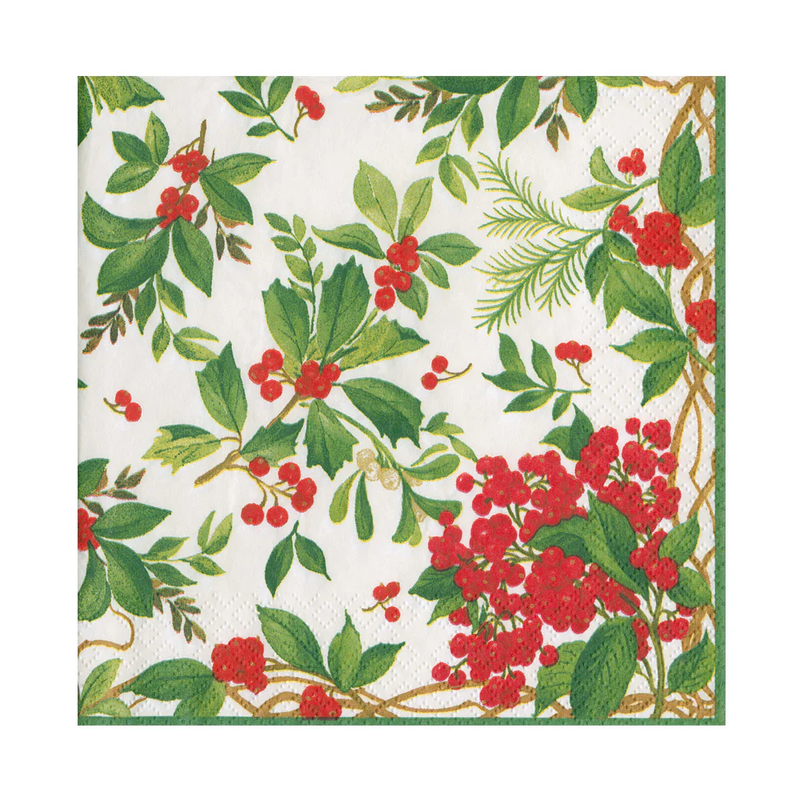 Caspari Holly Chintz White Paper Napkins - 20 Luncheon Per Pack