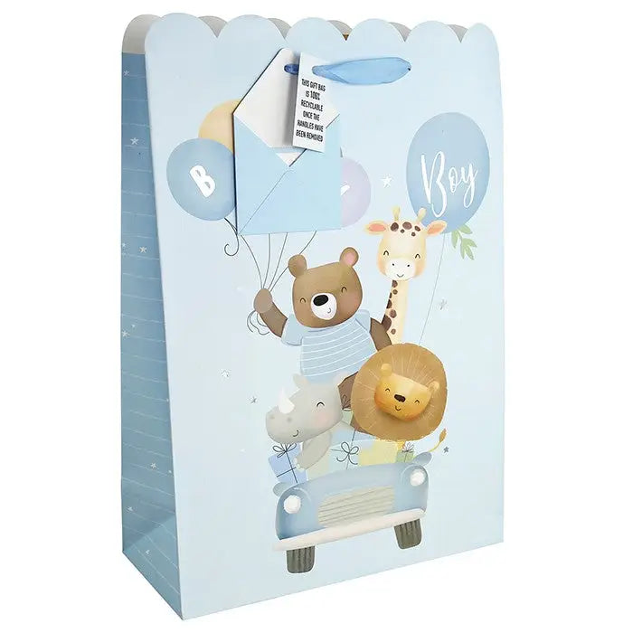 Baby Blue Jolly Giraffe Car White Kraft Gift Bag - Medium /
