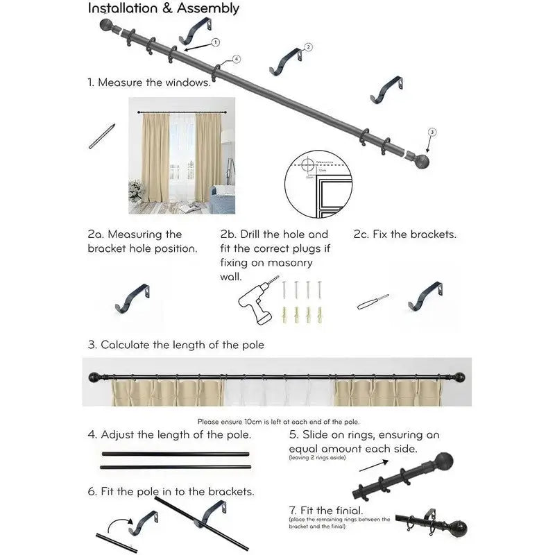 Bargin Box Black Metal Curtain Pole 110 - 200cm - 3 Types