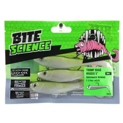 Bite Science 3pk Thump Shad 5 Inch Lures Rigged - Greenback