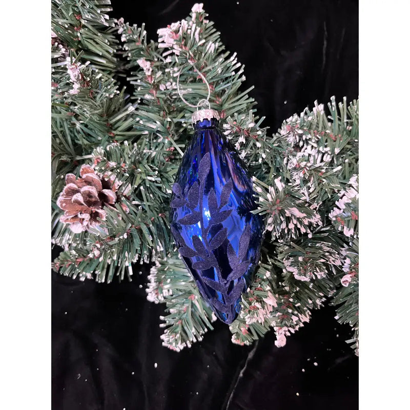 Blue T-Drop With Flock Leaf Design Bauble - Christmas