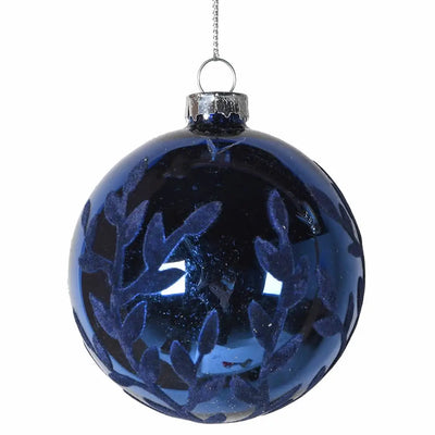 Blue With Flock Leaf Design Bauble - Christmas