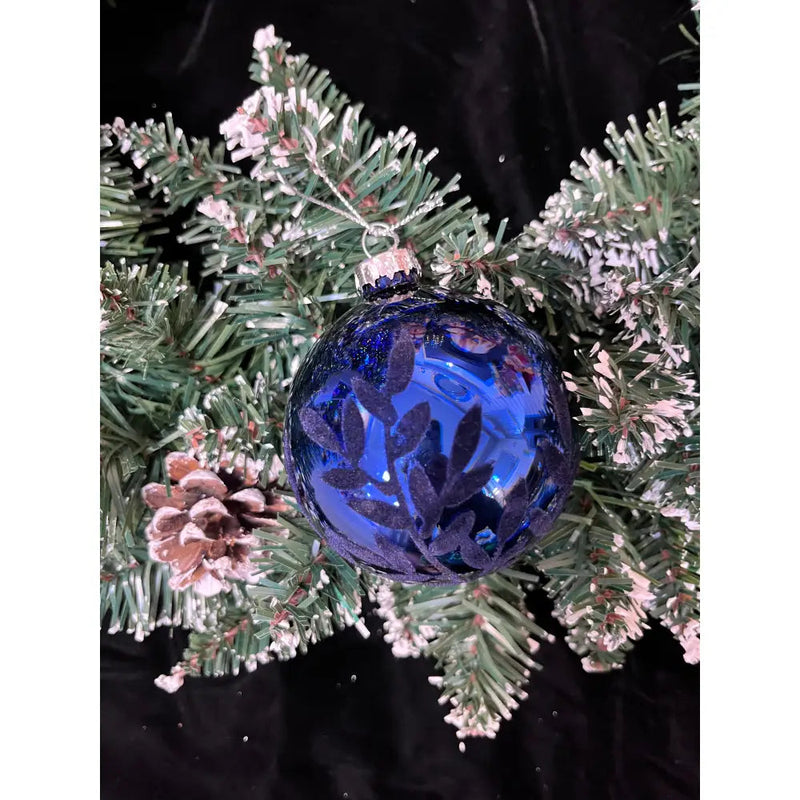 Blue With Flock Leaf Design Bauble - Christmas
