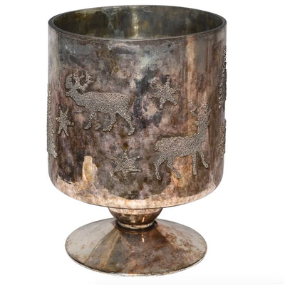 Bronze Patina Beaded Reindeer Candle Hurricane Seasonal >>