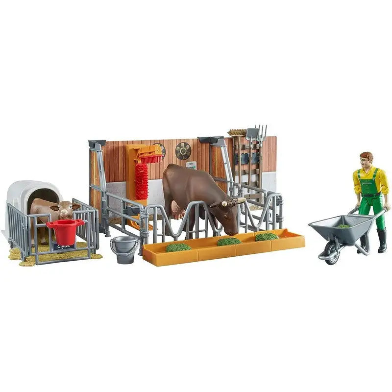 Bruder Bworld CowCalf and Barn With Farmer Play Set - Farm