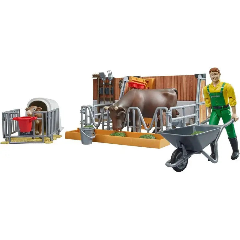 Bruder Bworld CowCalf and Barn With Farmer Play Set - Farm