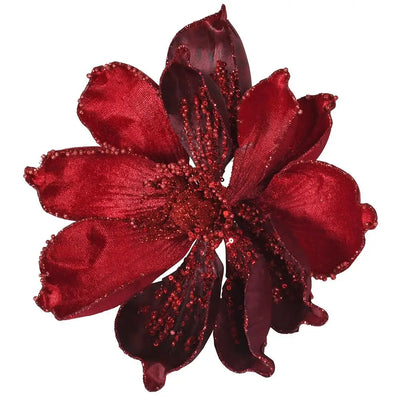 Burgandy Glitter Magnolia Clip On Flower - Christmas