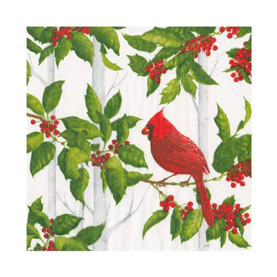 Caspari Luncheon Napkin - White / Silver Holly & Songbird
