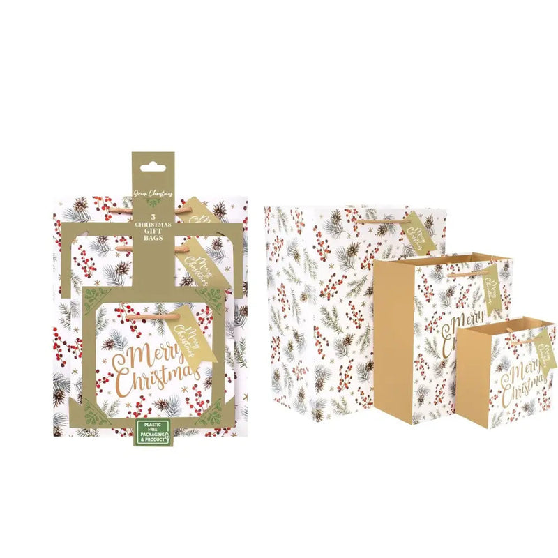 Christmas Eco Acorn & Berry Gift Bags - 3 Pack - Seasonal &