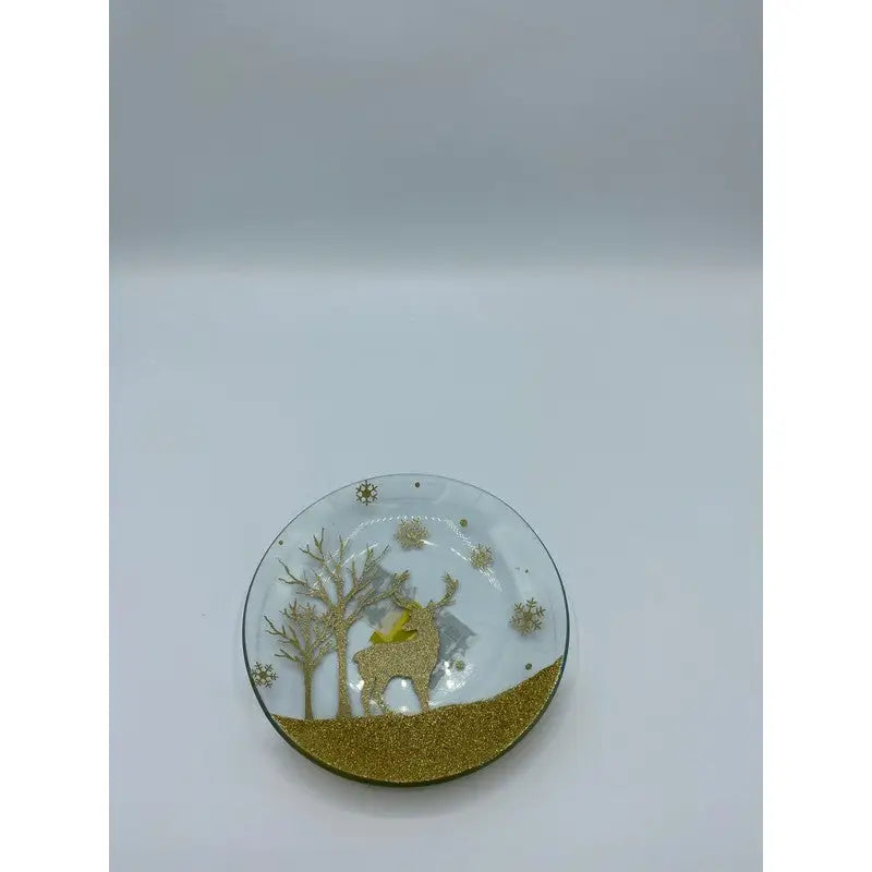 Christmas Gold Reindeer 16cm Candle Plate - Christmas