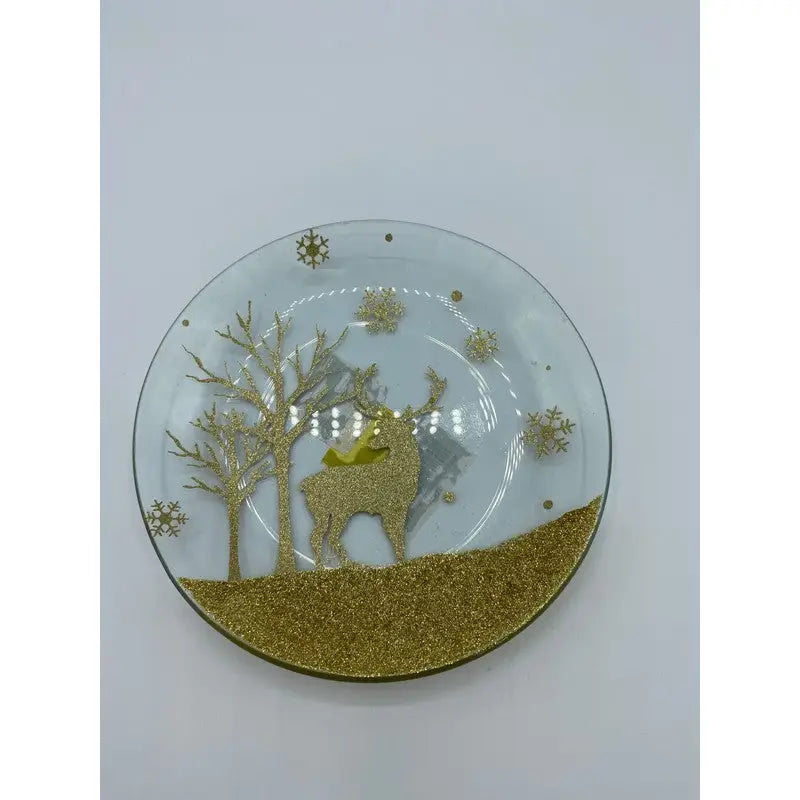 Christmas Gold Reindeer 16cm Candle Plate - Christmas