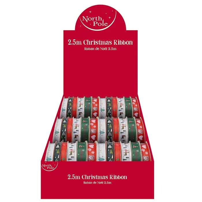 Christmas Printed Ribbon 2.5m - 6 Asst. 1 Sent - Seasonal