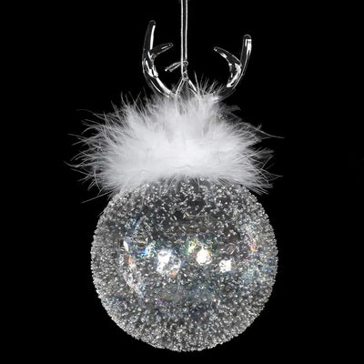 Clear With Antler & White Feather Bauble - Christmas