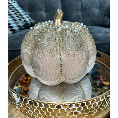 Cream Glittered Large Knitted Pumpkin 22cm - Autumn >>