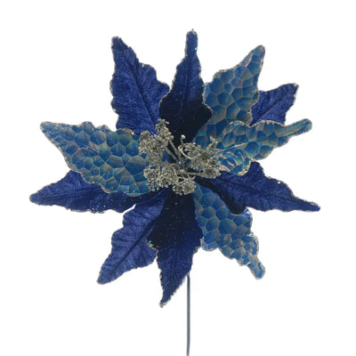 Dark Blue Poinsettia With Petrol Effect Stem 58cm - Seasonal
