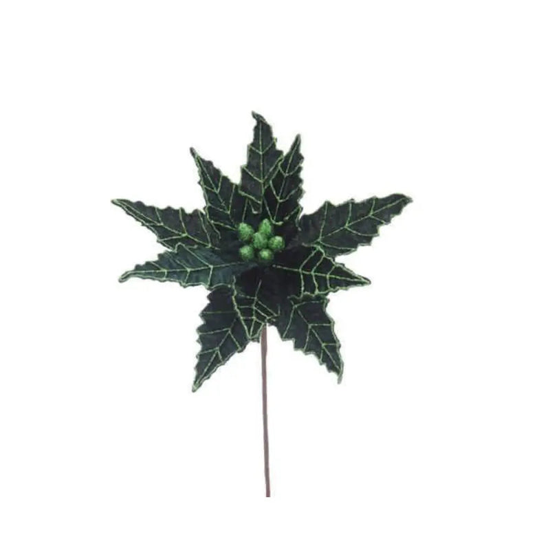 Dark Green With Glitter Poinsettia Stem 50cm - Seasonal &