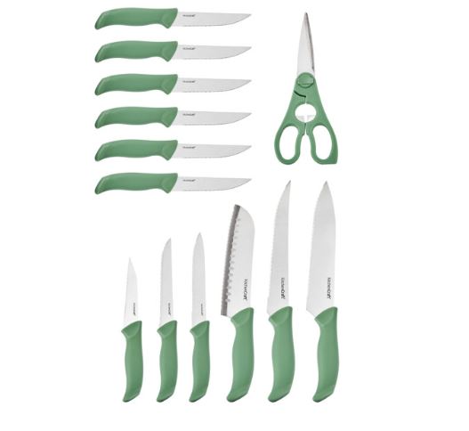 KitchenCraft 14pc Knife Block Set with 7 Knives and a Pair of Kitchen Shears, Green