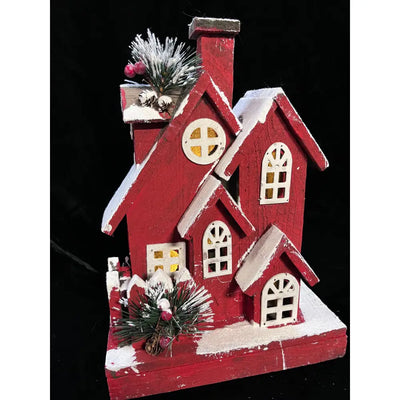 Enchante Festive Frost Red Wooden House Light Up - Christmas