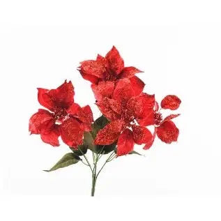 Enchante Glittered Velvet Poinsettia Bush x 5 Red -