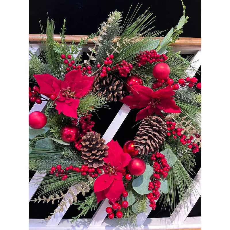 Enchante Luxury Red Poinsettia & Bauble Wreath 60cm -