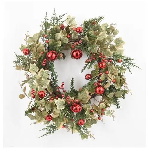 Enchante Shimmering Ivy & Red Bauble Wreath 56cm - Christmas