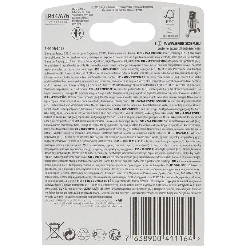 Energizer LR44/A76 Alkaline Batteries 1.5V Pack of 4 -
