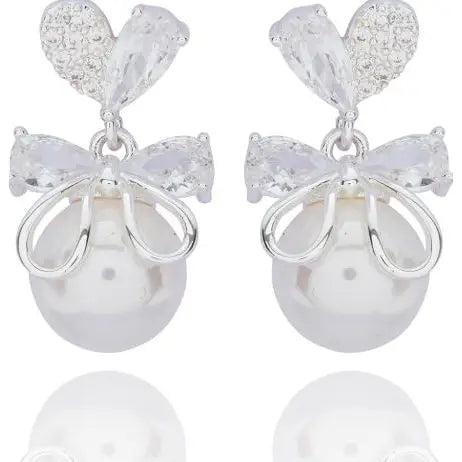 Eternal Bow Pearl Drop Silver Plated Earrings - Giftware >>
