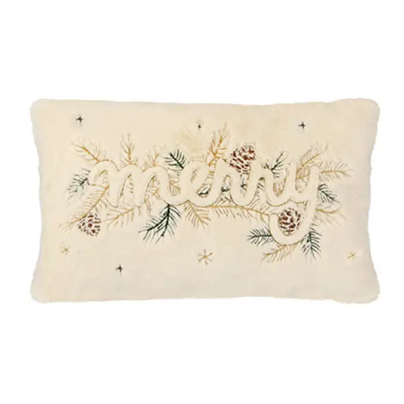 Faux Fur Embroided MERRY Cushion 30x50cm - Seasonal >>