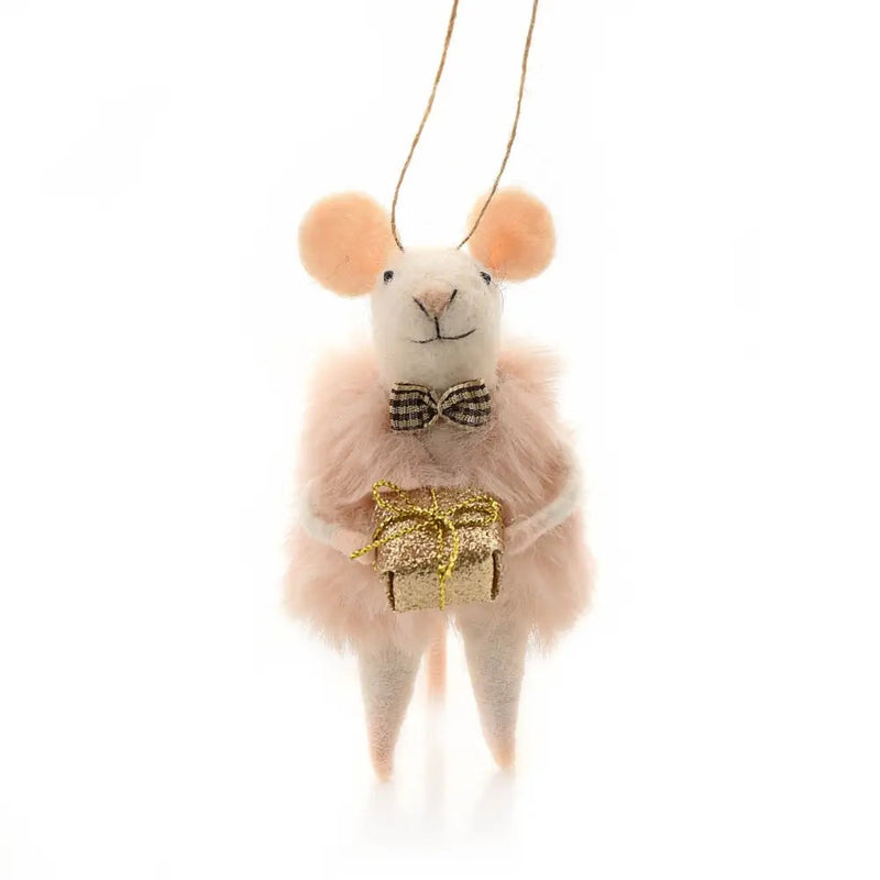 Felt Pink Mouse Holding Gift Hanging Bauble - Christmas