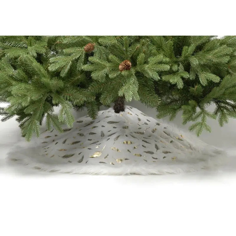 Festive 100cm White Fur Tree Skirt With Gold Leaves -