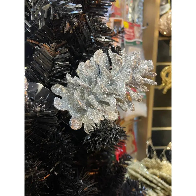 Festive 21cm Silver Glitter Pine Cone Pick - Christmas
