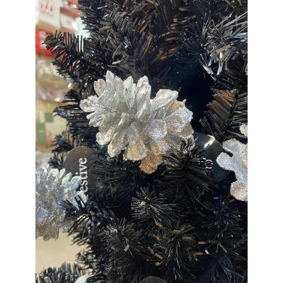 Festive 21cm Silver Glitter Pine Cone Pick - Christmas
