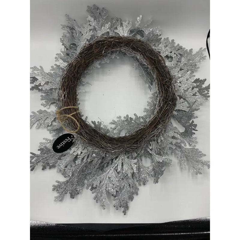 Festive 52cm Silver Glitter Cedar Wreath - Christmas Wreath