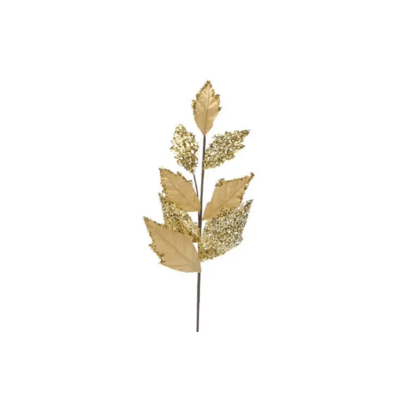 Festive 76cm Gold Velvet Leaf Glitter Stem - Christmas