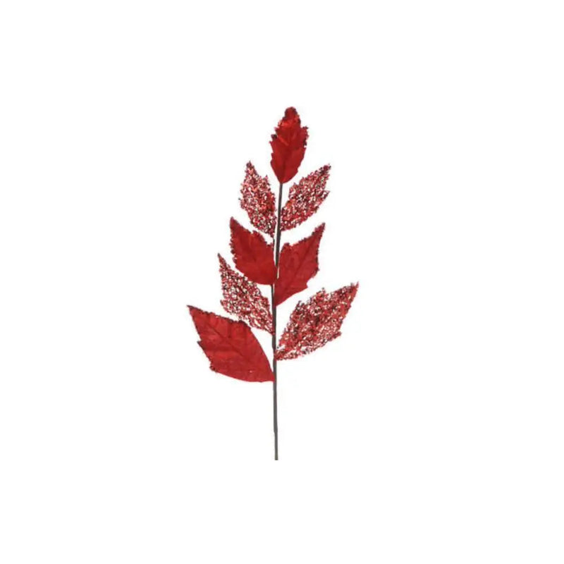 Festive 76cm Red Velvet Leaf Glitter Stem - Christmas