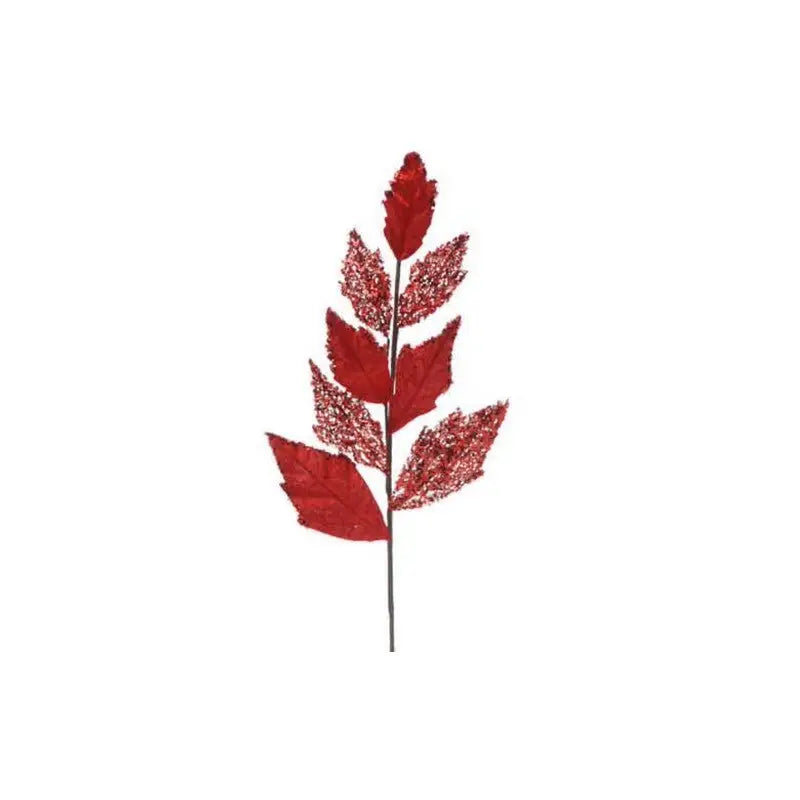 Festive 76cm Red Velvet Leaf Glitter Stem - Christmas