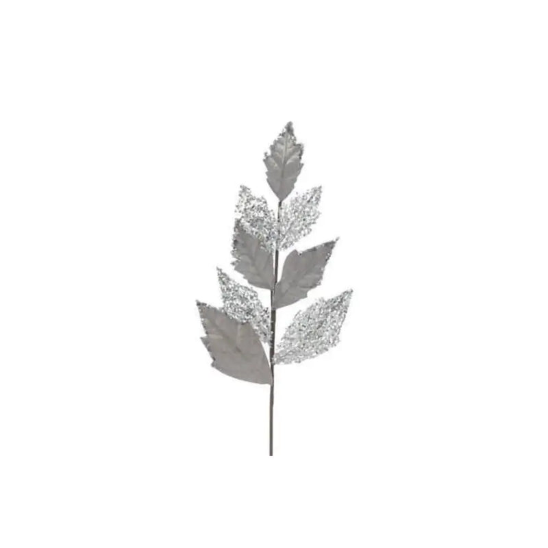 Festive 76cm Silver Velvet Leaf Glitter Stem - Christmas