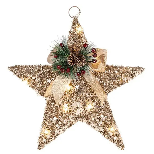 Festive Gold Glitter LED Star With Bow - Christmas