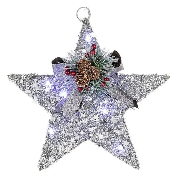 Festive Silver Glitter LED Star With Bow - Christmas