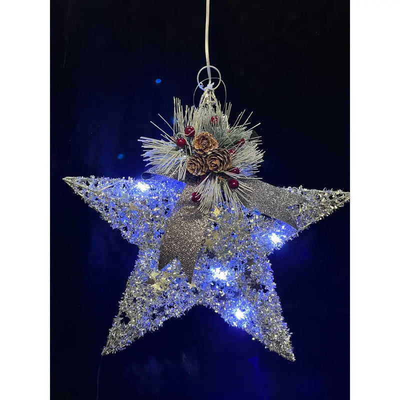 Festive Silver Glitter LED Star With Bow - Christmas